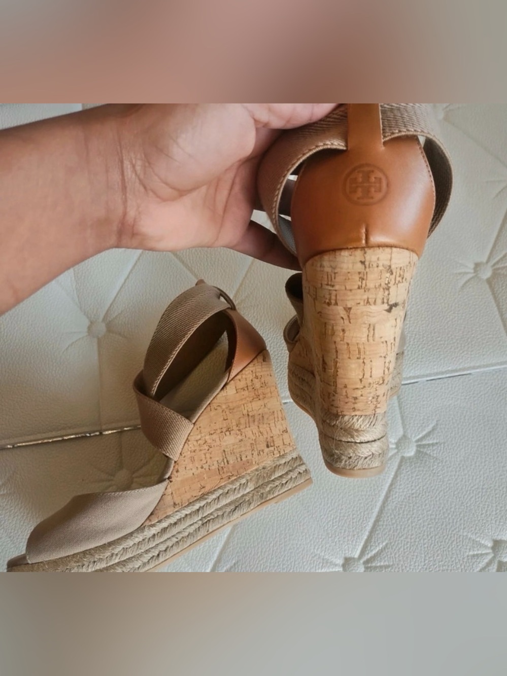 Tory Burch Neutral Canvas Crisscross Espadrille Wedges - Size 8 - Picture 4 of 7
